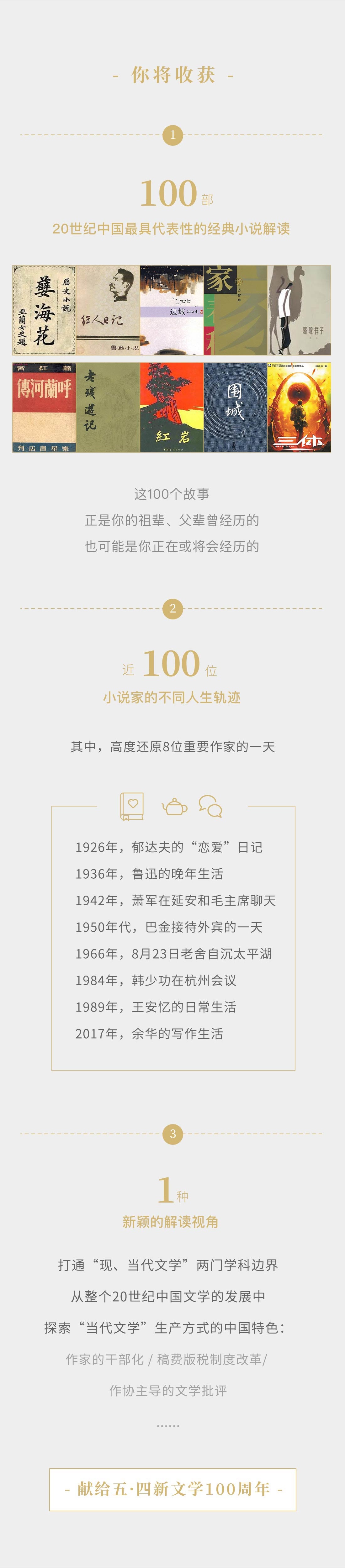 你将收获。1，100部，20世纪中国最具代表性的经典小说解读。《孽海花》《狂人日记》《边城》《家》《骆驼祥子》《呼兰河传》《老残游记》《红岩》《围城》《三体》等小说封面拼贴。这100个故事，正是你的祖辈、父辈曾经历的，也可能是你正在或将会经历的。2，近100位，小说家的不同人生轨迹。其中，高度还原8位重要作家的一天：1926年，郁达夫的“恋爱”日记；1936年，鲁迅的晚年生活；1942年，萧军在延安和毛主席聊天；1950年代，巴金接待外宾的一天；1966年，8月23日老舍自沉太平湖；1984年，韩少功在杭州会议；1989年，王安忆的日常生活；2017年，余华的写作生活。3，1种，新颖的解读视角。打通“现、当代文学”两门学科边界，从整个20世纪中国文学的发展中探索“当代文学”生产方式的中国特色：作家的干部化 / 稿费版税制度改革 / 作协主导的文学批评，……。献给五·四新文学100周年。
